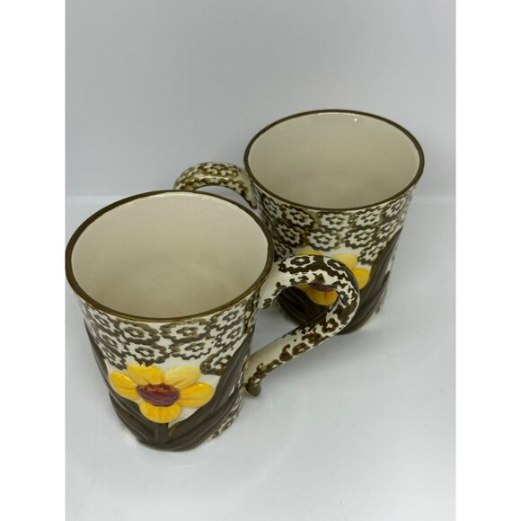 VTG Temp-Tations Old World Green Yellow Flower Coffee Mug Set of 2 12oz - Picture 3 of 8